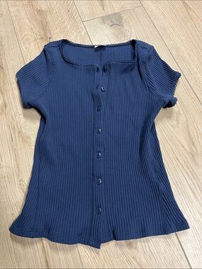 Free People Navy Ribbed Button-Front Short Sleeve Top